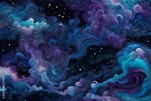 "Craft a digital masterpiece reminiscent of a cosmic ballet, where interstellar clouds of iridescent nebulae swirl in a celestial dance.  © Resonant Visions