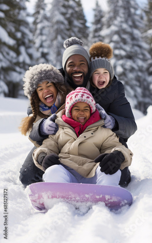 African American diversity family sledding together on a snowy slope and having fun, winter activity