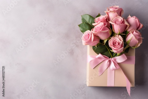 Pastel pink gift box and bouquet of roses on pink background. Copy space. Mothers Day. Greeting card with copy space.