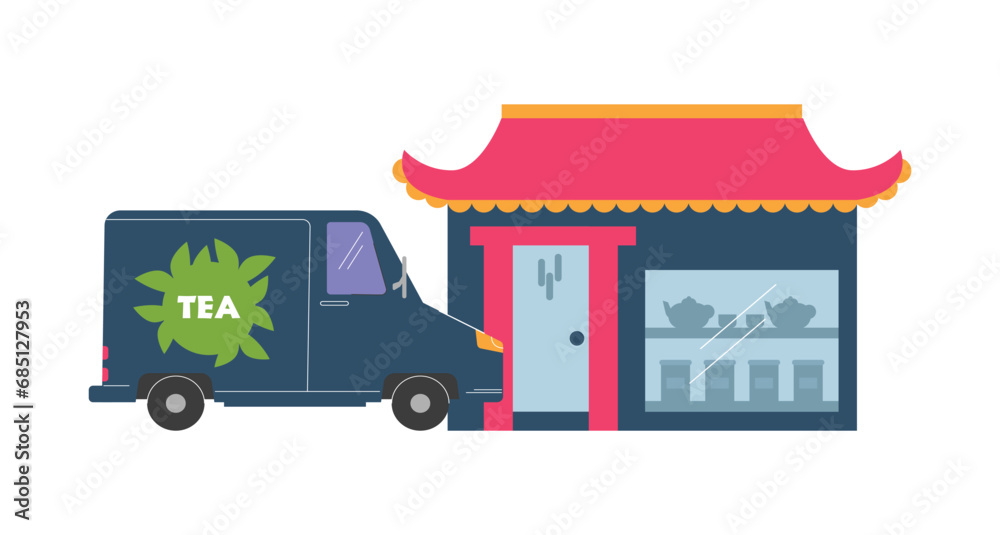 Obraz premium Car with tea sign brought goods to store flat style