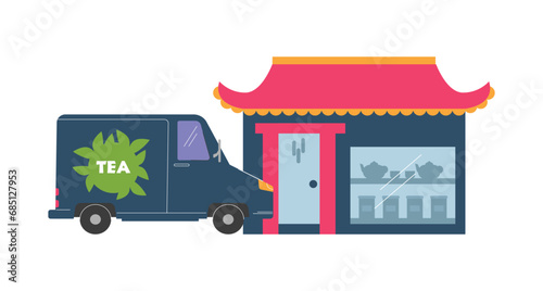 Car with tea sign brought goods to store flat style