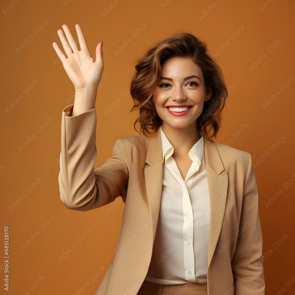 Photo of the smiling woman waving her hand on a gold background. High quality Photo of the smiling woman waving her hand on a gold background. High quality