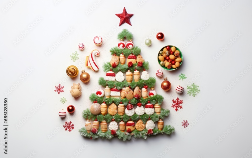 Christmas tree made from sweets and candies on a white background 