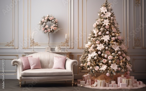 White and pink modern living room with decorated Christmas tree and sofa during holiday times
