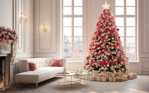 White and red modern living room with decorated Christmas tree and sofa during holiday times