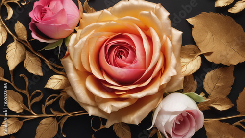 yellow and pink rose with golden leaves