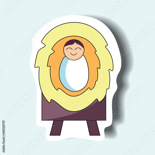 Christian Christmas element of set in sticker design. This colorful sticker feature a beautifully crafted newborn Jesus in a Christian-themed design. Vector illustration.
