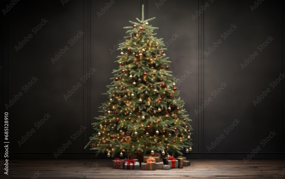 Christmas tree decorated with ornaments, gifts under it on a black background 
