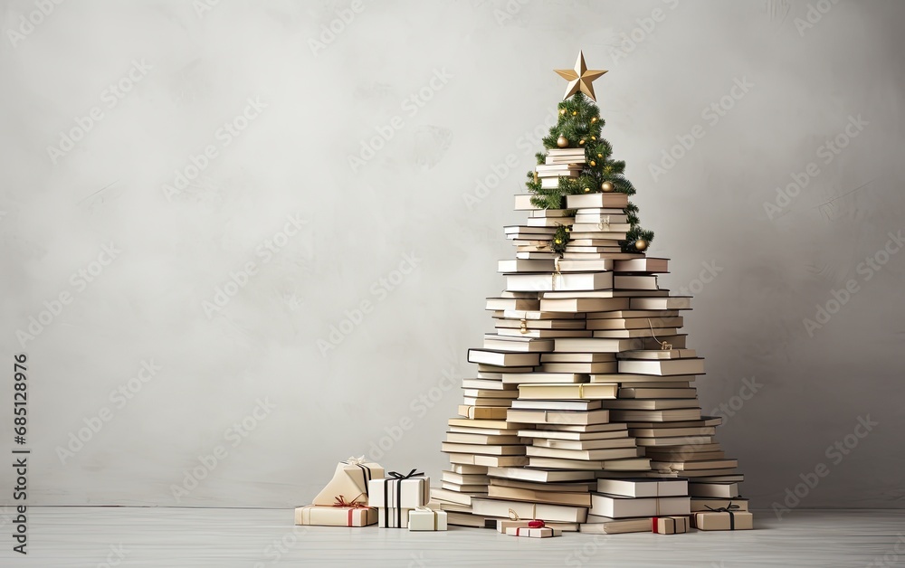 A Christmas tree crafted from neatly arranged hardcover books with gifts around on a grey background A Christmas tree crafted from neatly arranged hardcover books with gifts around on a grey background