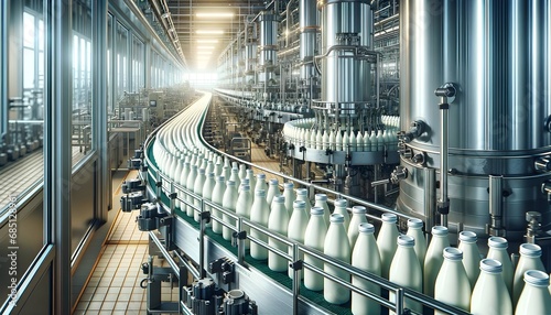 Glass milk bottle on industrial conveyor belt  photo