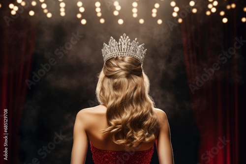 Beauty queen on the stage of a beauty pageant wearing a crown. Beauty queen wearing a tiara photo seen from behind photo