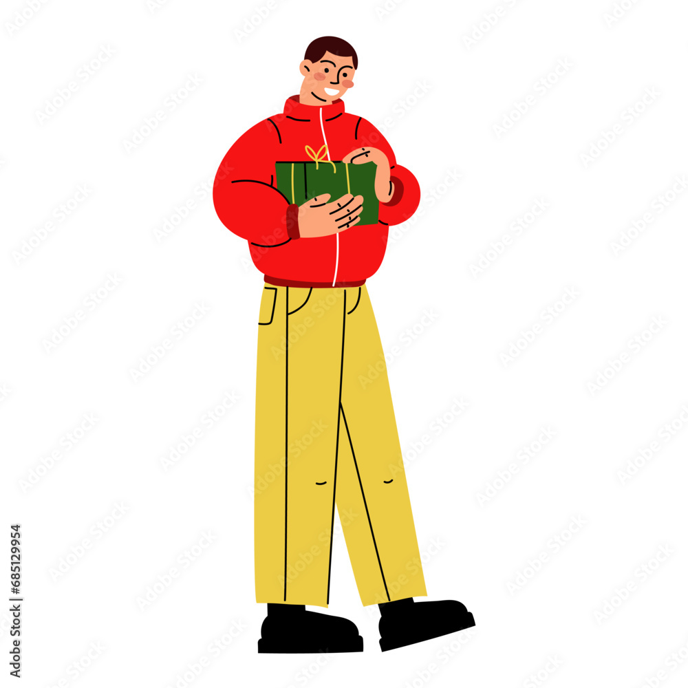 Guy is carrying a gift. Man with a gift box in his hands, a surprise for friends or a loved one. An advertising poster or banner. A Christmas present. Cartoon flat vector illustration. Guy in a jacket