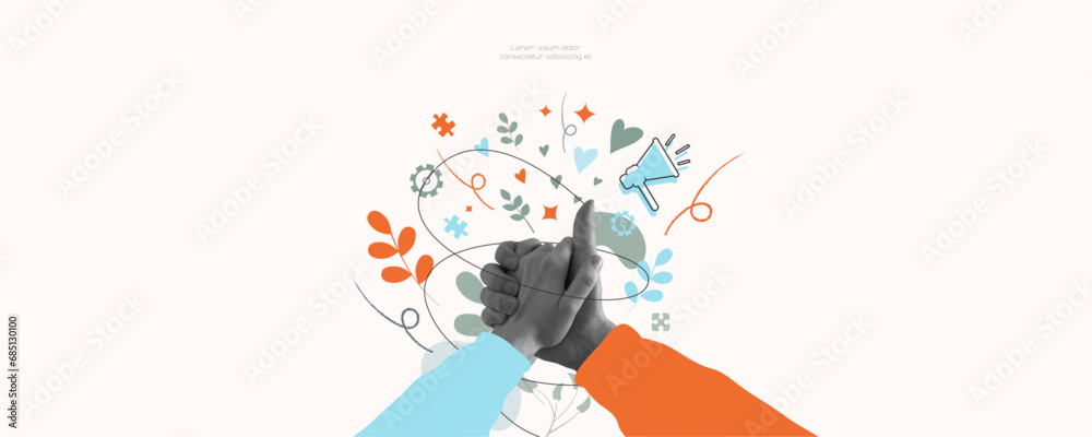 Two hands're holding each other. Modern colour banner. Two hands're holding each other. Modern colour banner.