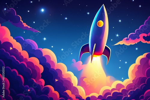 the rocket is flying. drawing of a rocket, colorful clouds and starry night sky. space concept