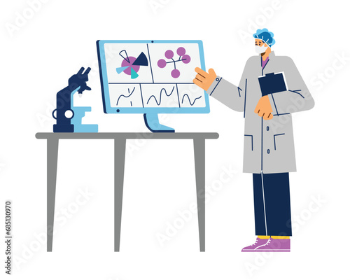 Virologist researching virus on computer, vector cartoon scientists warn of new virus, searching for vaccine, viral lab