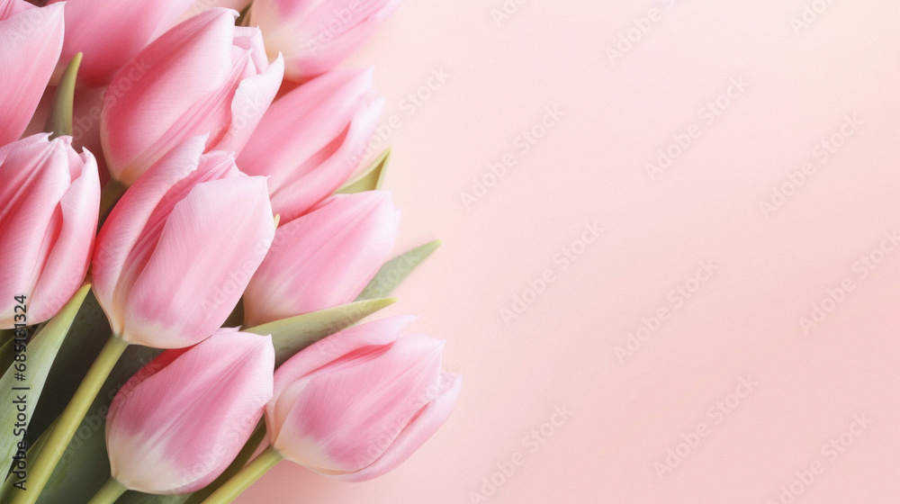 Bouquet of pink tulips on pastel pink background.