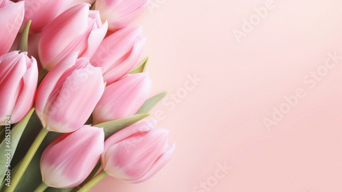 Bouquet of pink tulips on pastel pink background.