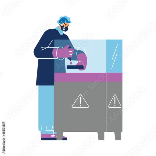 Scientist working with bio hazardous substances, vector virologist in laboratory in biological protective suit