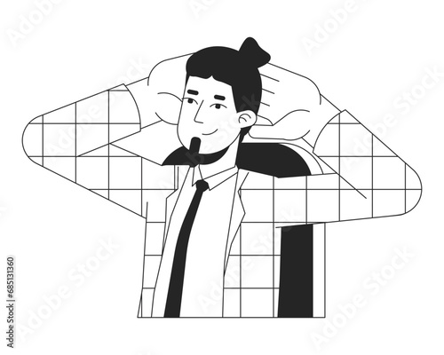 Bearded office man keeping hands behind head black and white 2D line cartoon character. Caucasian adult male isolated vector outline person. Workplace break enjoy monochromatic flat spot illustration