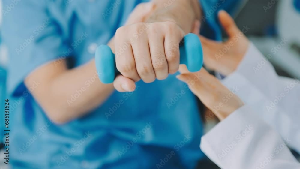 Physiotherapist man giving exercise with dumbbell treatment About Arm and Shoulder of athlete male patient Physical therapy concept Physiotherapist man giving exercise with dumbbell treatment About Arm and Shoulder of athlete male patient Physical therapy concept