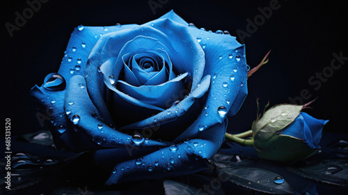 Beautiful blue rose with water drops on black background, closeup.