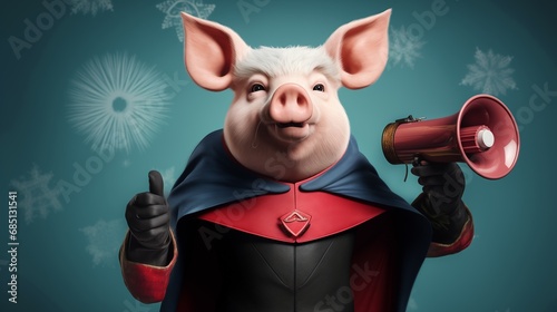 Ridiculous boss screaming, pig or pork shouting into a megaphone, giving orders, enjoying being the leader or the manager, dictator or person with a savior complex, funny comic cartoon illustration