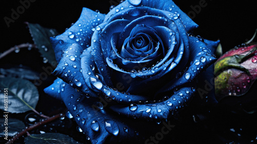 Beautiful blue rose with drops of water on a black background.