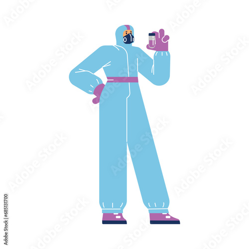 Virologist in special protective suit with respirator stands holding tube