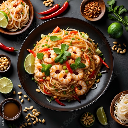 image pad thai highlighting a blend of- ice noodles shrimp, pasta with shrimps, tofu, peanuts, and tangy sauces, pasta with tomato sauce, pasta with chicken and vegetables