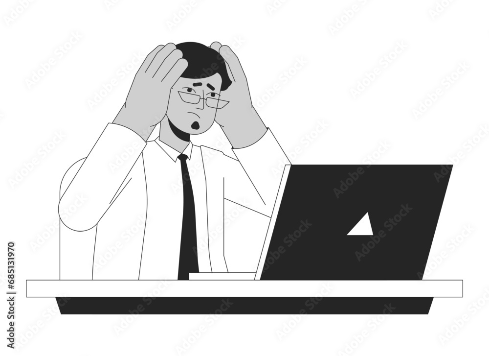 Adult indian fatigue businessman black and white 2D line cartoon character. South asian employee sitting laptop isolated vector outline person. Exhausted overload monochromatic flat spot illustration Adult indian fatigue businessman black and white 2D line cartoon character. South asian employee sitting laptop isolated vector outline person. Exhausted overload monochromatic flat spot illustration