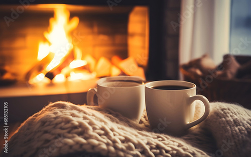 A cup of coffee against the backdrop of a burning fire in the fireplace in a cozy interior on a cold winter night