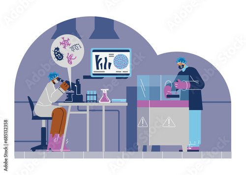 Man and woman virologists working at laboratory flat stye