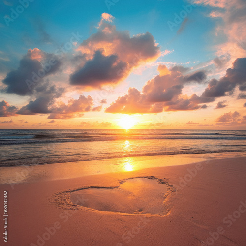 Beautiful seascape with heart shape on sandy beach at sunset.