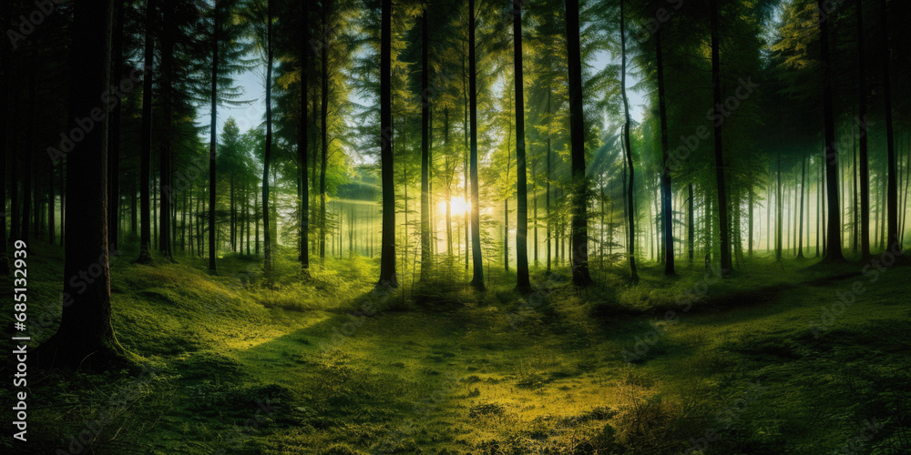 Panoramic view of the dark forest at sunset. The rays of the sun make their way through the trees.