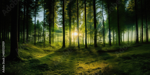 Panoramic view of the dark forest at sunset. The rays of the sun make their way through the trees.