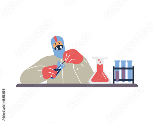 Virologist is researching a new virus, invention of antivirus and medication, vector scientist in uniform and mask