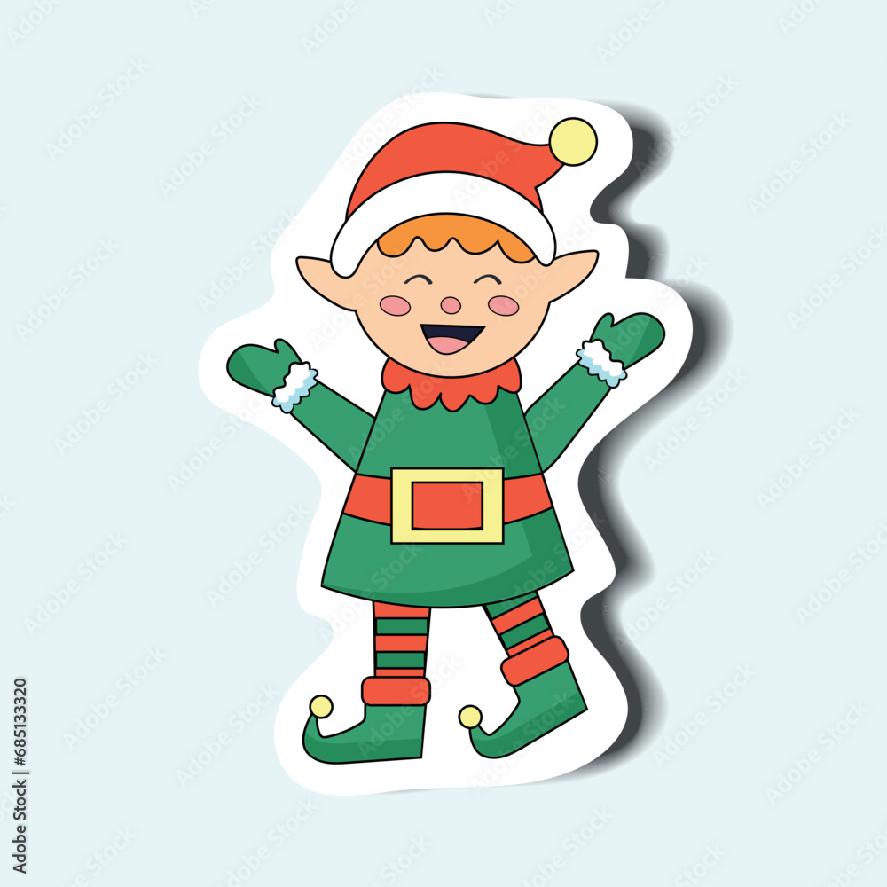 Christmas elf of the sticker set in cartoon design. This cozy illustration with this charming Christmas elf character sticker, designed in a fun and colorful style. Vector illustration.