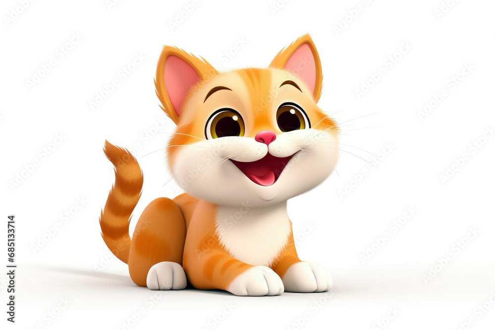 Beautiful happy red tabby cartoon cat on white background