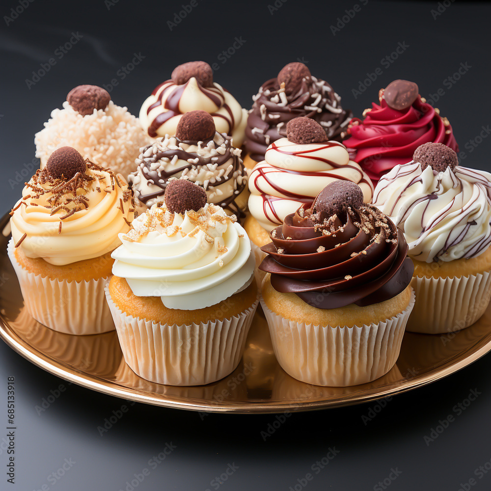 Sweet cupcakes arranged in a round shape. AI generated