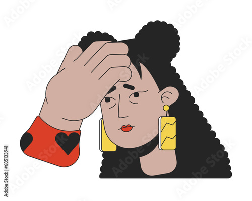 Latina woman touching forehead for fever check 2D linear cartoon closeup face. Sick adult hispanic female isolated line vector head close-up white background. Migraine color flat spot illustration