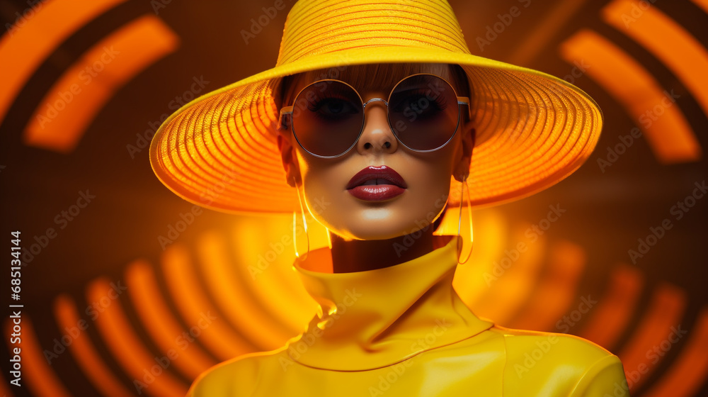 Portrait de femme mannequin mode aux lunettes de soleil et chapeau jaune Portrait de femme mannequin mode aux lunettes de soleil et chapeau jaune