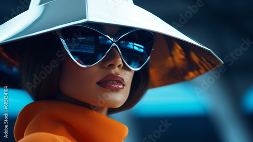 Portrait de femme fun futuriste aux lunettes de soleil et chapeau © HKTR-atelier