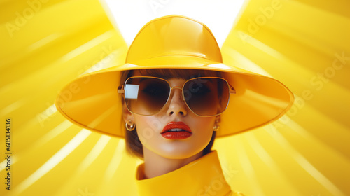 Portrait de femme mode aux lunettes de soleil et chapeau jaune