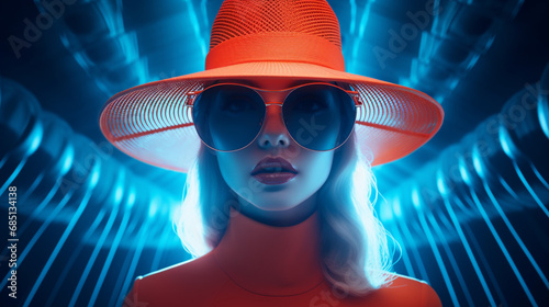 Portrait de femme fun futuriste aux lunettes de soleil et chapeau orange © HKTR-atelier