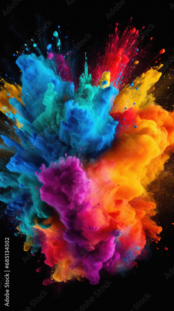 Colorful explosion of paint isolated on black background. Abstract colored background.