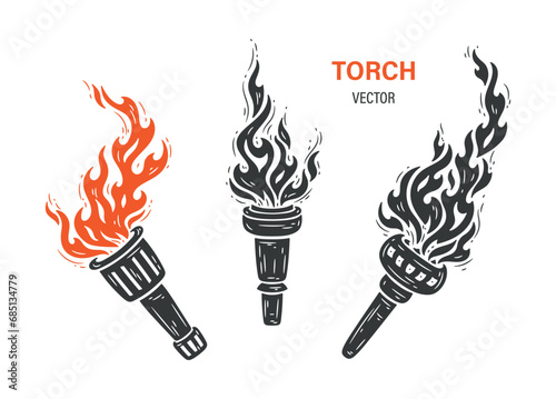 Torch silhouette icon Vector set. Flaming torch logo. Fire Flame sign.