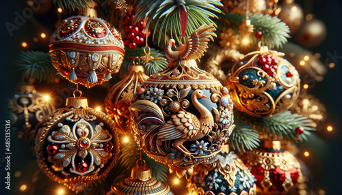  focusing on macro shots of Christmas decorations, capturing the intricate details and vibrant colors of various festive adornments.