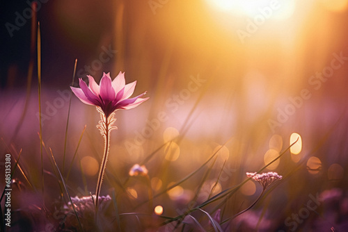 Beautiful pink flower in the meadow in the rays of the setting sun.