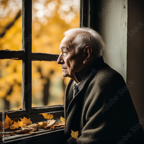 Photo realistic portrait of a sad, decrepit and shabby 95-year-old Caucasian man from the side wearing a brown coat standing by an old window and watching autumn leaves fall