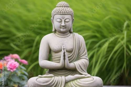 Buddhism. Indian religion of peace  god Buddha in the lotus position prays for world peace. Holy statue worship of all believers